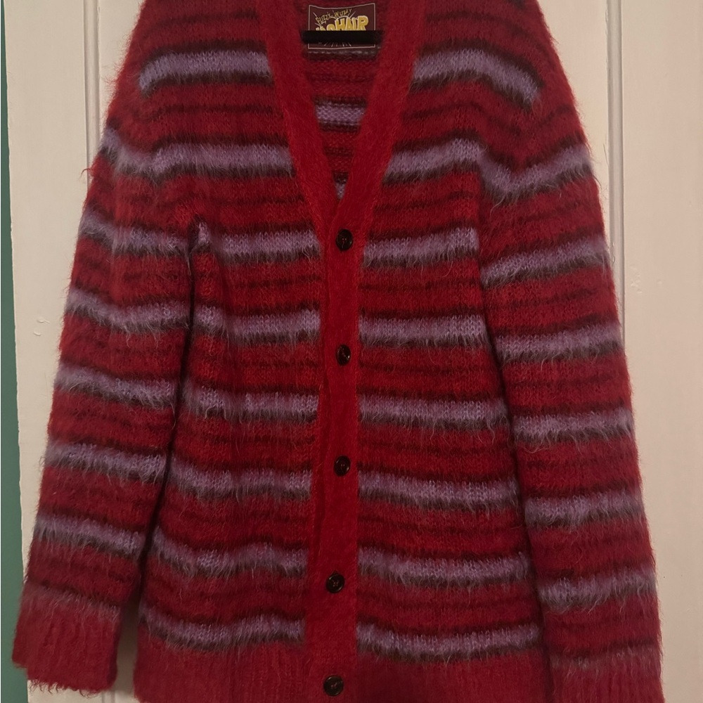Marni Mohair Striped Red and Purple Fuzzy Cardigan